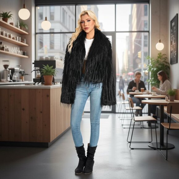 Women's Black Plus Size Faux Fur Coat Cropped Fluffy Fuzzy Jacket Fall Coat - Picture 2 of 4
